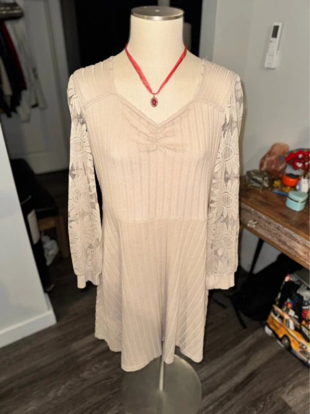 Boho Beige Ribbed Knit A-Line Dress Floral Lace Balloon Sleeves